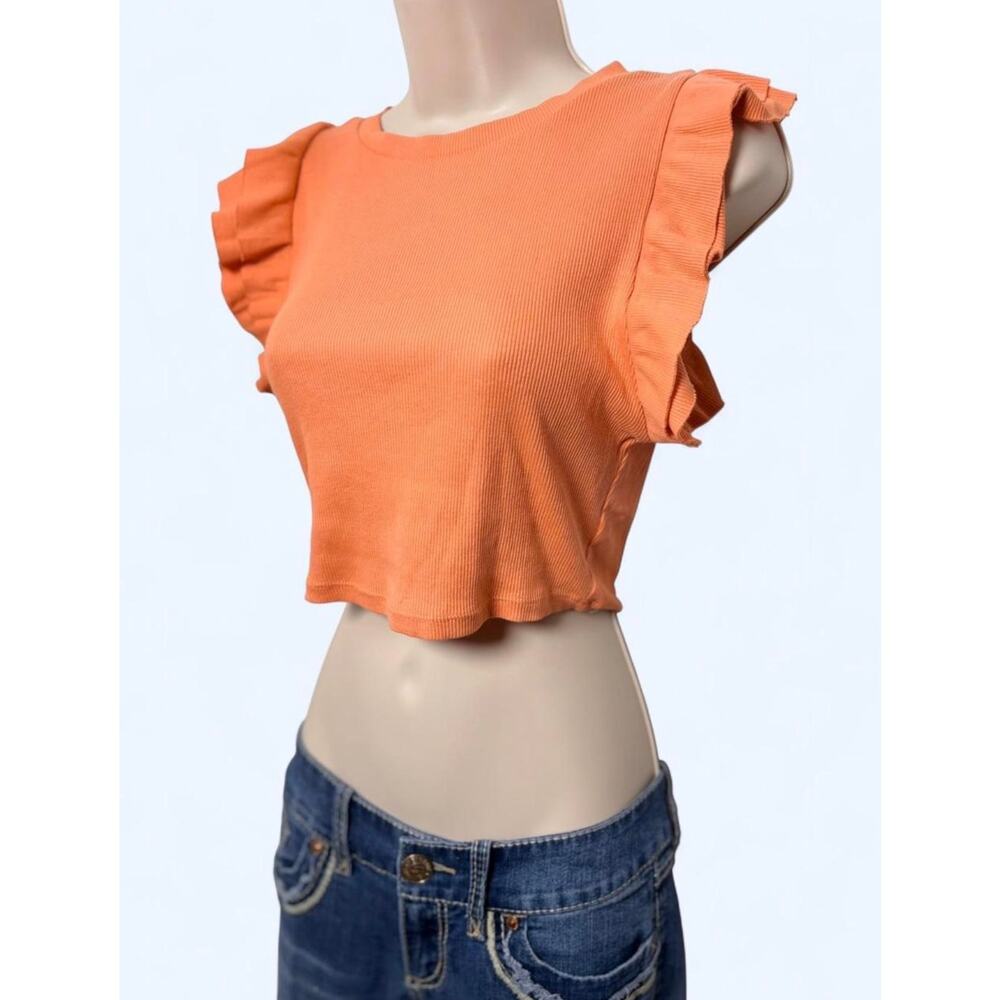 Orange Ruffle Cap Sleeve Fairycore Ribbed Knit Crop Top - Picture 2 of 4